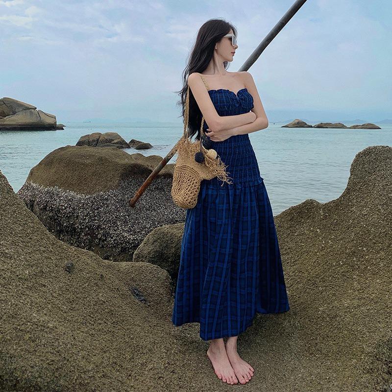 

Blue Plaid Tube Top Dress Women s Summer Travel Vacation Sexy Split Long Dress Beautiful Small Skirt Seaside Skirt S