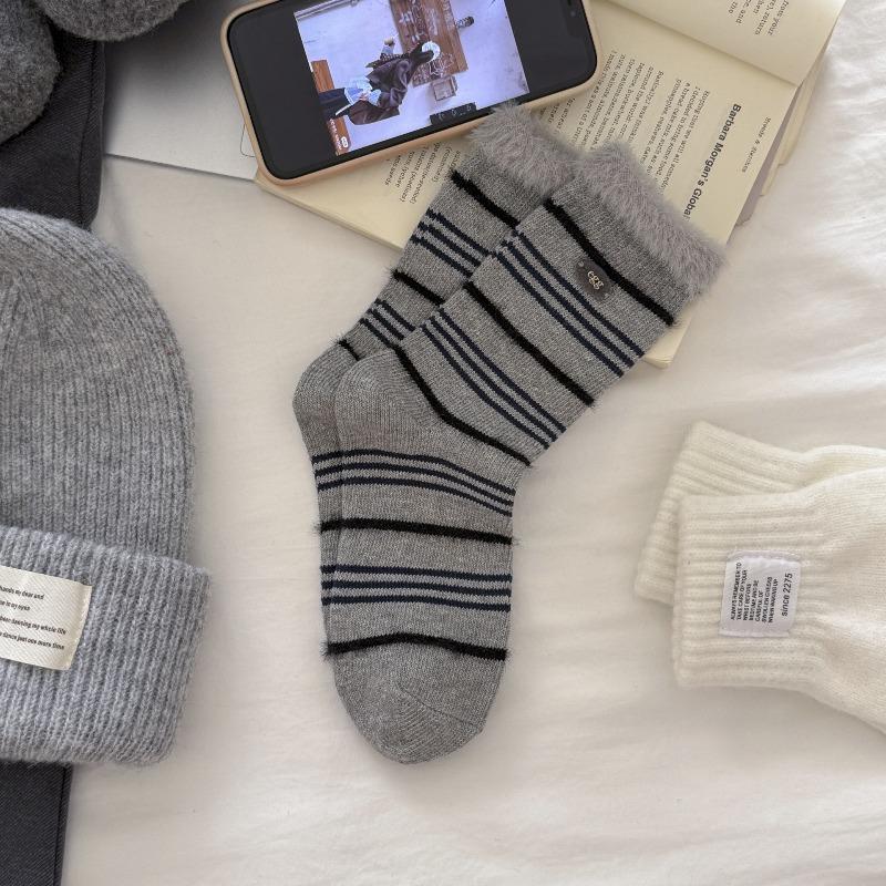 Mink Fur Striped Socks for Women in Autumn and Winter, Button Cotton Mid-calf Socks, Retro Flocking Pile Socks for Warmth