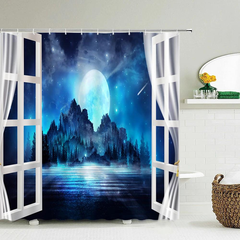 Scenery Outside the Window Shower Curtain 3D Printing Forest Garden Waterproof Fabric Bathroom Curtains Bath Screen with Hook