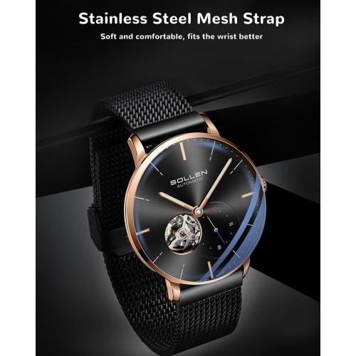 SOLLEN Men's Skeleton Automatic Watch - Original Mechanical Movement, Mineral Glass, 30m Water Resistance, Seconds Subdial & Luminous Hands, Minimalis