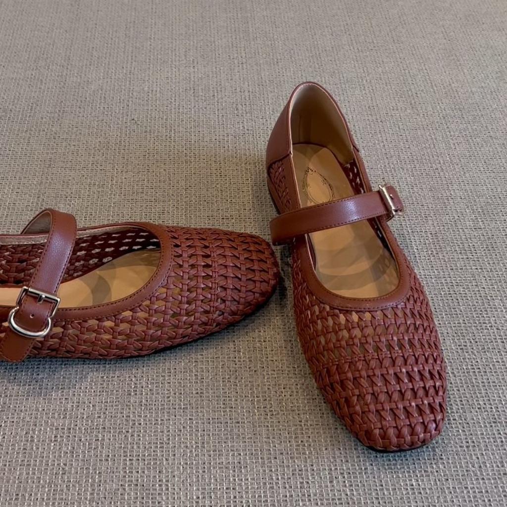 Lan Cabinet Edition~ Niche Hollow Retro Woven One-word Belt Single Shoes Women's 2025 Summer New Flat-bottomed Mary Jane Shoes