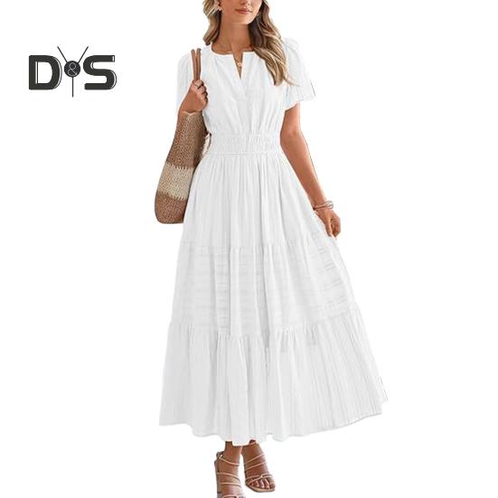 

Женское летнее платье макси, повседневное платье с V-образным вырезом, коротким рукавом, многослойное струящееся платье, присборенная талия, плиссированное длинное платье XXL белый