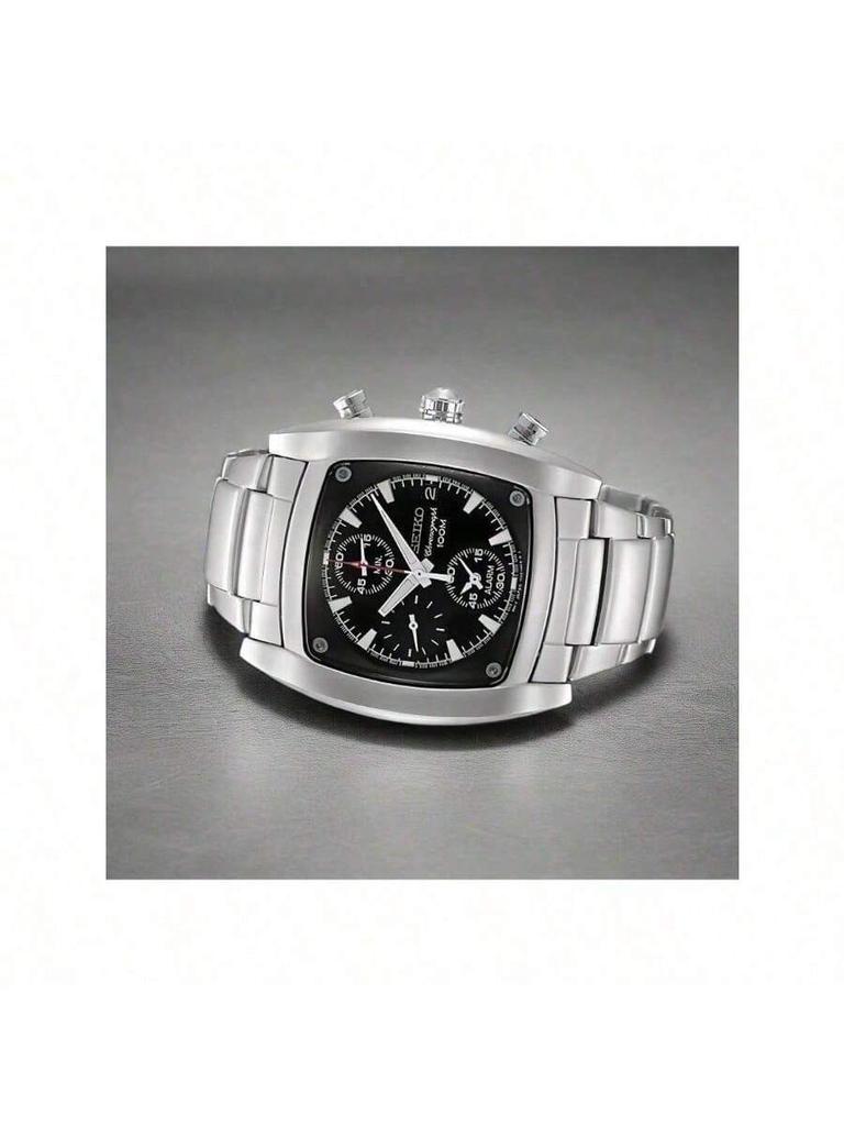 CHRONOGRAPH Herren Quarz Chronograph Uhr - Schwarzes Quadratisches Zifferblatt, Schwarz/Weiß Ionenplattiertes Armband, Datumsanzeige SNAA97J1