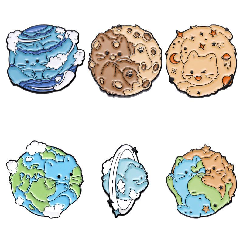 Cute Cartoon Creative Earth Ocean Protection Brooch Adorable Cat Planet Pin For Accessories