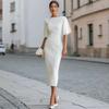 European and American Summer New Elegant Commuter Solid Color One-word Collar Women's Dress