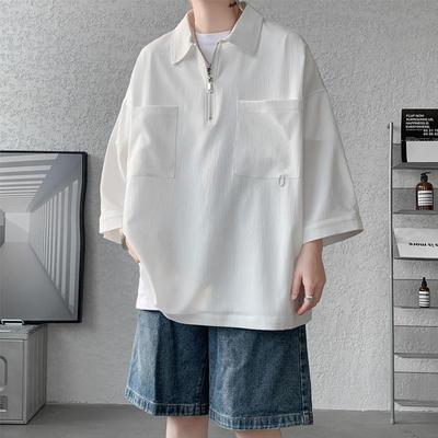 Basic Polo-Neck Zipper T-shirts Summer Casual 3/4 Sleeve Men's Clothing Solid Color Korean Stylish Pockets Spliced Polo Shirts
