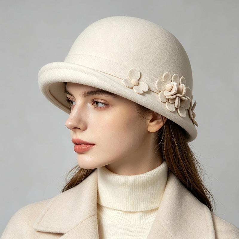 Autumn and winter new woolen hat female elegance flower temperament small edge top hat outdoor travel versatile thermal basin hat