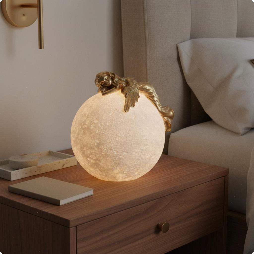 Resting Moon Ornament Resin Figurine Lamp Soft Glow Illuminated Statue for Desk, Nightstand,