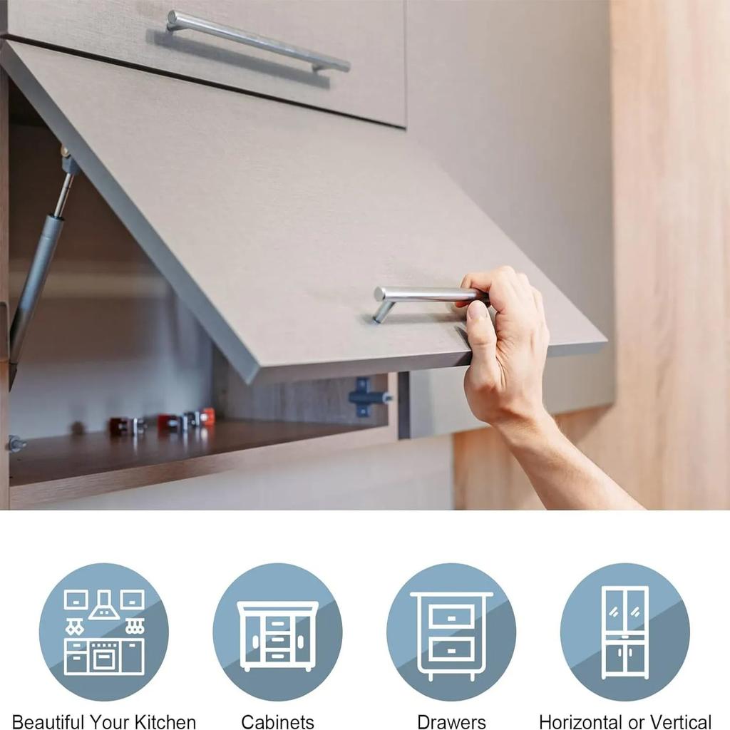 10pcs Stainless Steel Kitchen Cabinet Door Handle, Brushed Steel T Handle for Wardrobe Door Kitchen Drawer Door Handle