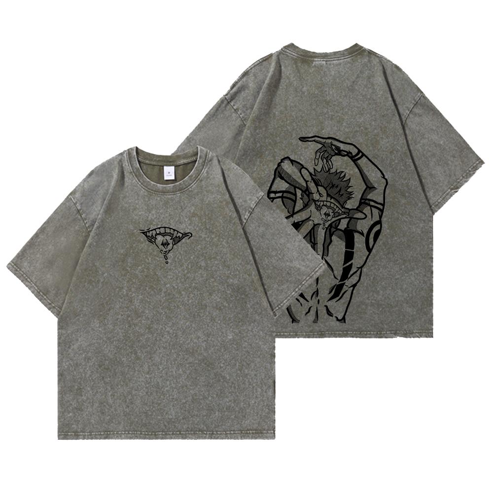 

Уличная одежда с принтом аниме, винтажная стираная футболка для мужчин, Harajuku, графическая печать, манга, топы Gojo, кислотная стирка, футболка большого размера 4XL