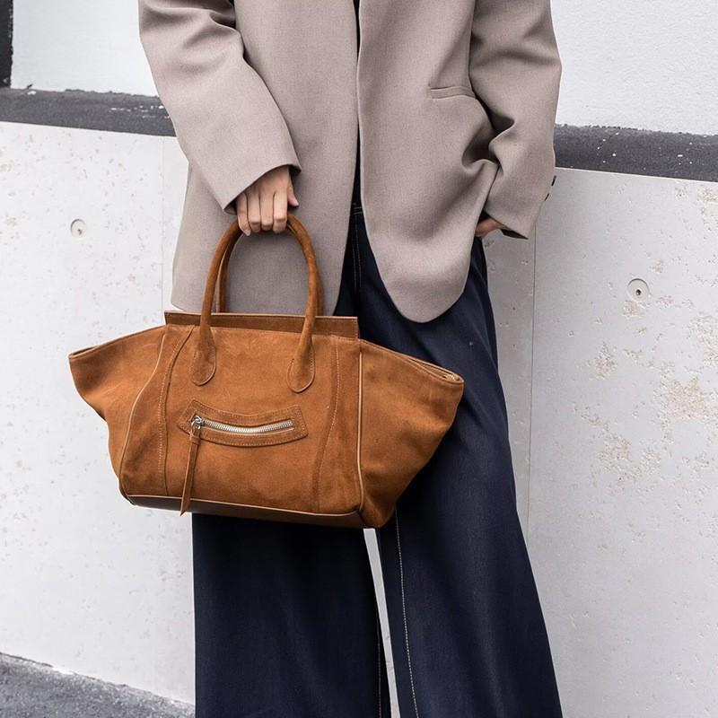 Pravá kůže Taška s obličejem Smiley Dámská Matná hovězí Kůže Velká kapacita Tote Do práce Ruční křídlo Módní Jednoramenná Crossbody