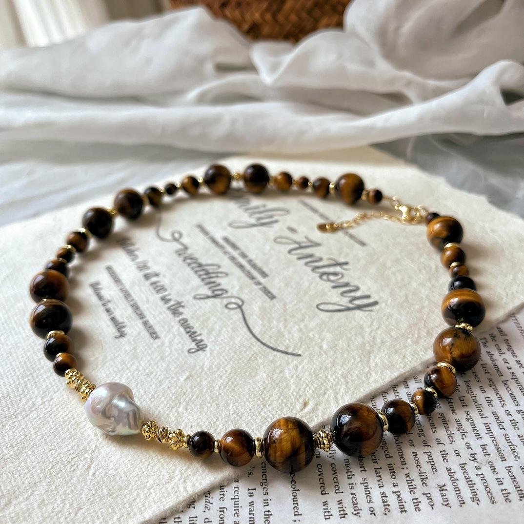 

Natural Tiger S Eye Stone Necklace Maillard Premium Sweater Chain Natural Baroque Pearl Vintage Beaded Coffee Lock