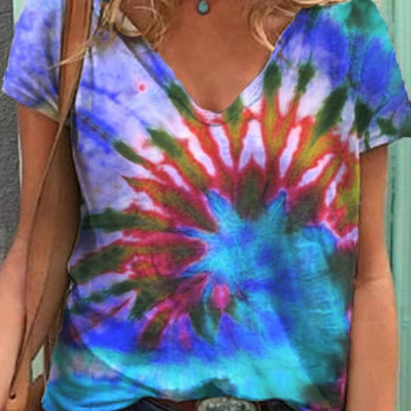 Fashion Spring Rendering Print Blouses Short Sleeved V-Neck T Shirts Casual