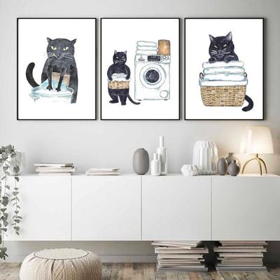 Pintura de gato preto para lavanderia pôster de parede aquarela arte decoração impressão desenho de animal de estimação tela de banheiro banheira engraçada fotos de banheiro