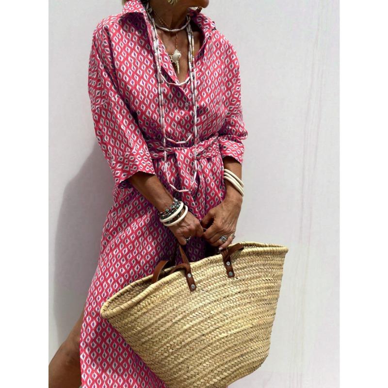 A New Women's Five-sleeved Striped Cardigan with A Lapel Shirt Dress