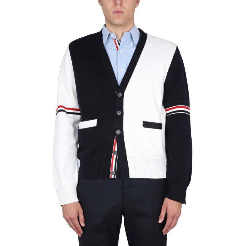 Autumn/Winter Unisex Double Sleeve Cotton Cardigan – Red, White & Blue Color Block with Five Buttons