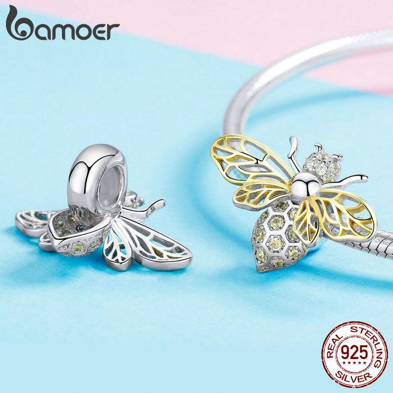 BAMOER Authentic 925 Sterling Silver Crystal Bee Beads Charms Fit for Original Charms