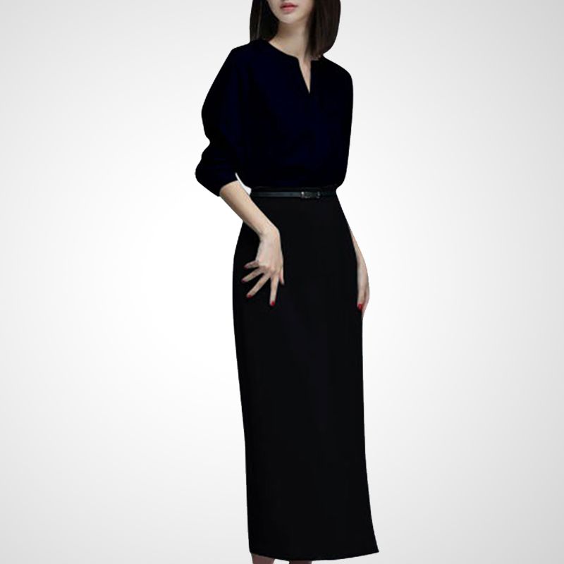 

Новое приталенное платье-футляр с V-образным вырезом и длинными рукавами, визуально стройнящее, черное Black XL