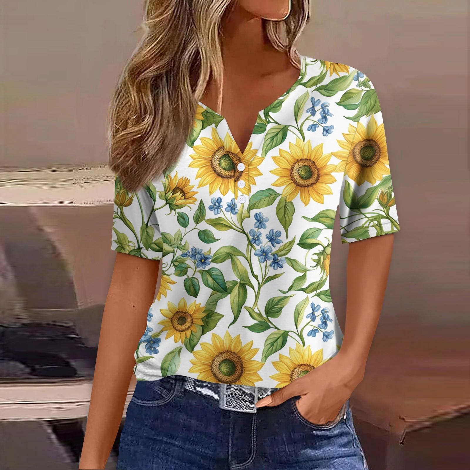 

Женская футболка с принтом на пуговицах с коротким рукавом, повседневная, выходного дня, модная, базовая, с V-образным вырезом, обычная XL жёлтый