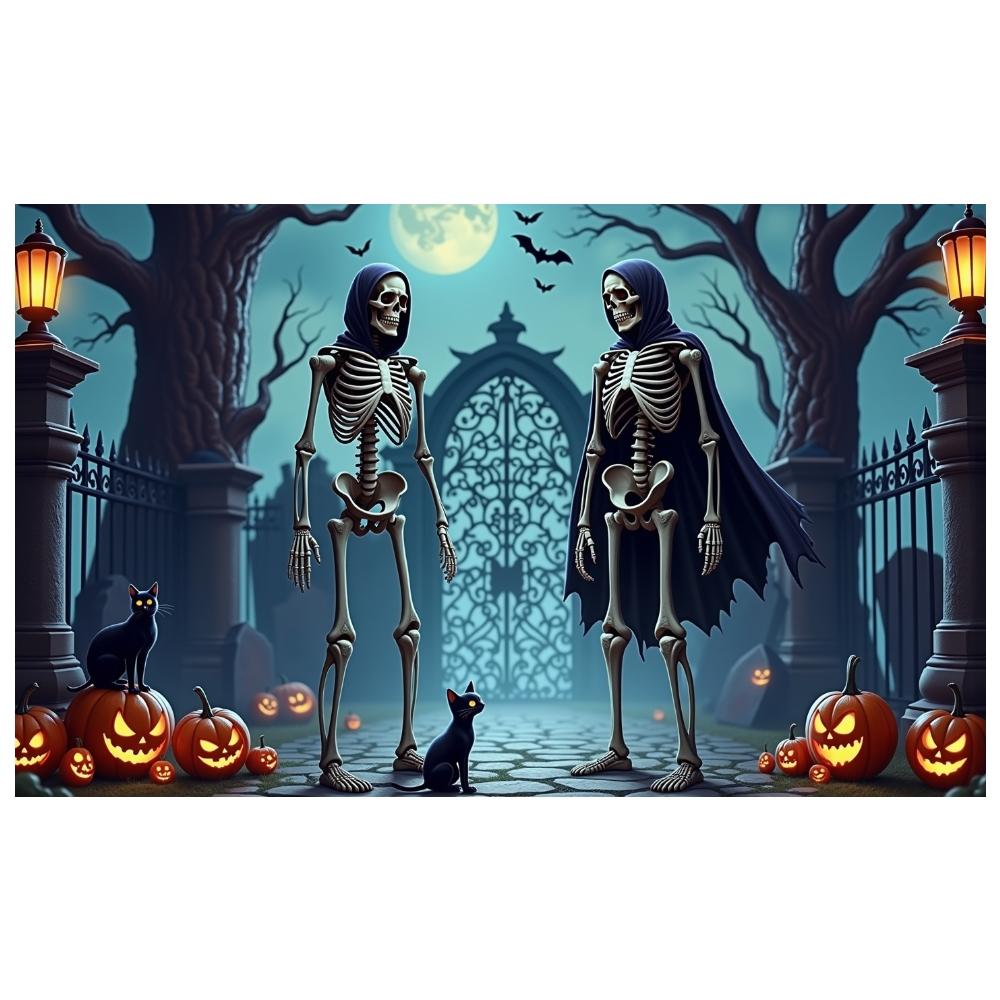 Skeleton Banner Pumpkin Decoration Gothic Decor Spooky Decoration Illustrated Art Graveyard Backdrop For Indoor Decoration