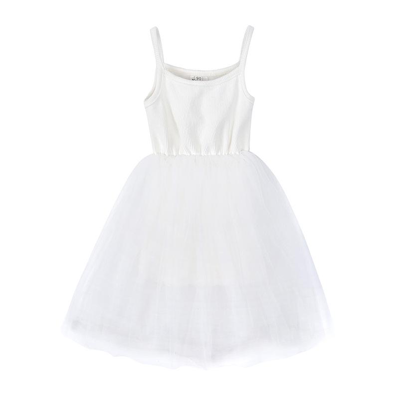 INS Summer Style Cotton Strappy Dress for Toddlers & Girls, Solid Color Patchwork Mesh Princess Puffy Skirt