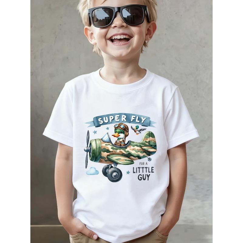 European sizes 1pc Boys  Summer Fashion Casual T-Shirt,  SUPER FLY for A LITTLE GUY  with a Creative Graphic of a Mallard  Flying a Camouflage 110 белый