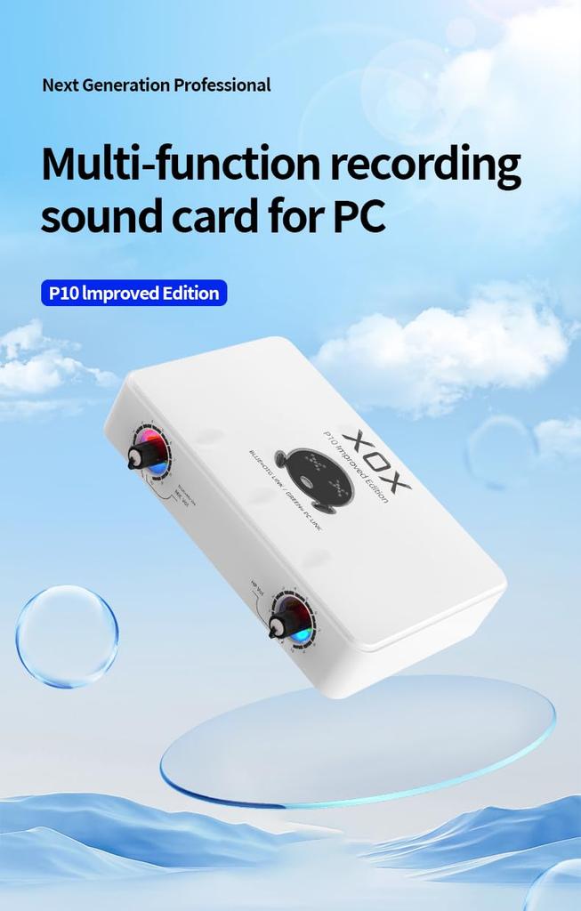 XOX P10 USB Audio Interface for Recording with Software Panel for and Independent Volume LED USB Audio 48V Phantom Power Studio-Quality Streaming,