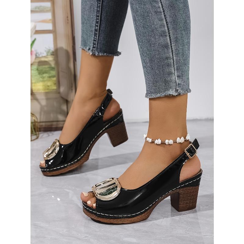 [Zomer Mary Jane] Lichtgewicht Mary Jane Schoenen | Dameszomer, Verstelbare Achterband & Enkelband, Peep Toe Franse Hak, Glanzend Zwart Faux