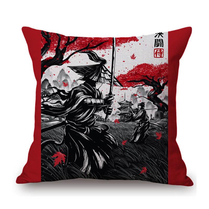 Japanese Ink Painting Geisha Samurai Spirit Tattoo Black Red Sakura Sushi Store Decoration Throw Pillow Case Linen Cushion Cover