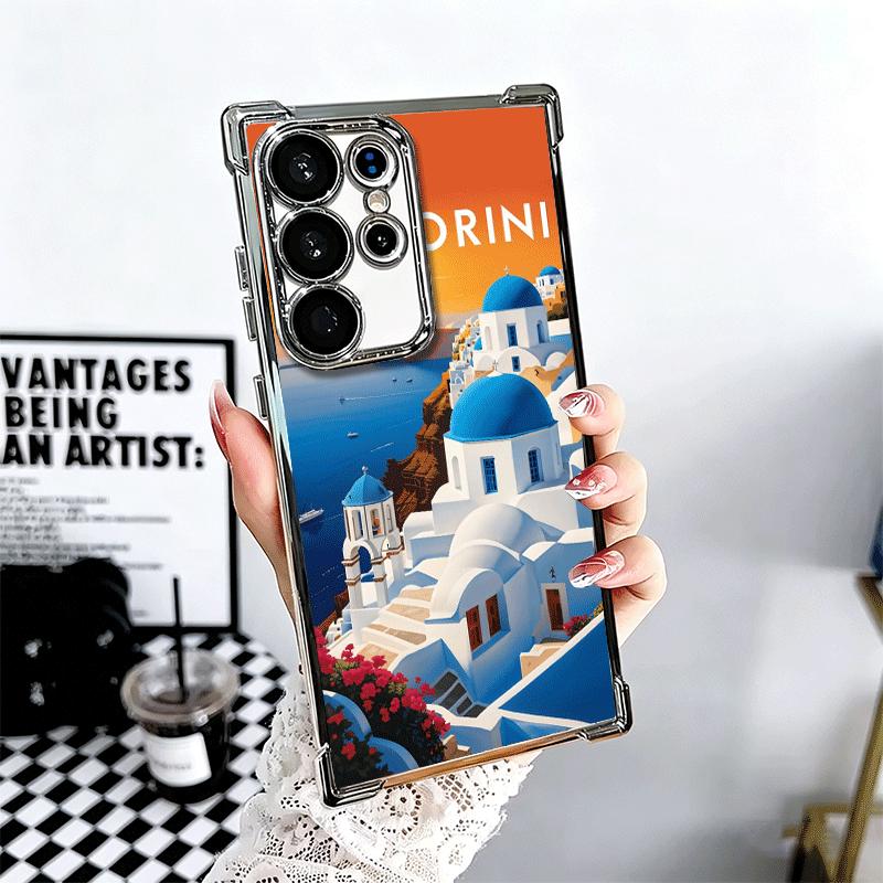Santorini Greece Summer Plating Phone Case For Samsung Galaxy S24 S25 FE S26 Edge S23 Ultra S22 S21 Plus S20 Anti-Fall Airabag C