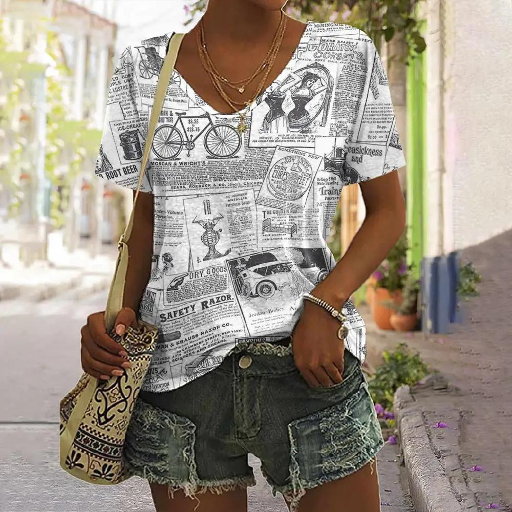 Personalized Retro Women Clothing 3D V-neck Short-sleeved Old Newspaper Print Summer Women Clothing T-shirt Street Harajuku Top