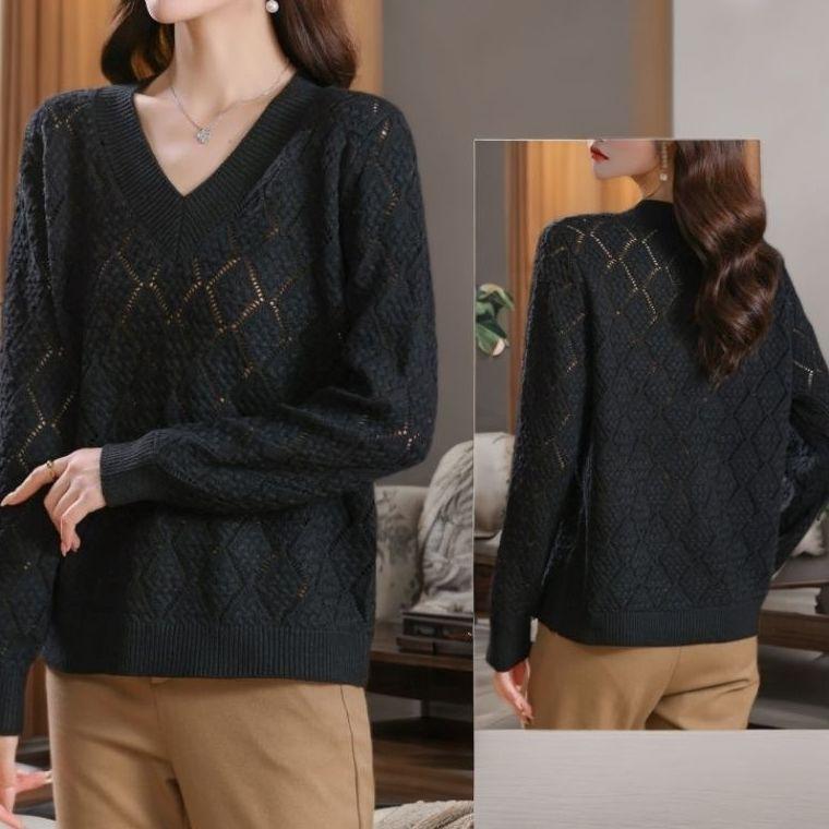 Women's V-neck Plus Size Sweater  Loose Hollow Out  Solid Color Loose Knit Pullover Sweater  Autumn Spring Summer