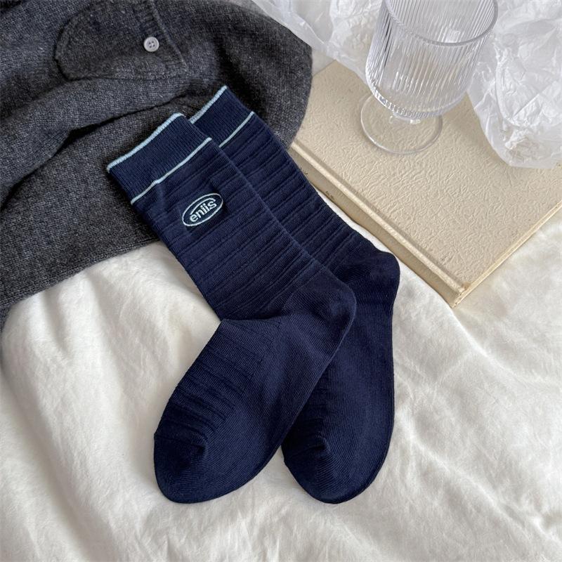 Striped Embroidered Letter Boneless Textured Cotton Mid-calf Socks for Casual Sports Women