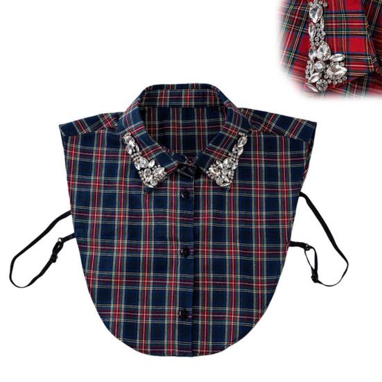 Women Plaid Fake Collar Red Blue Christmas Plaid Collar with Rhinestones Detachable False Collar for Sweater Sweatshirt Hoodie