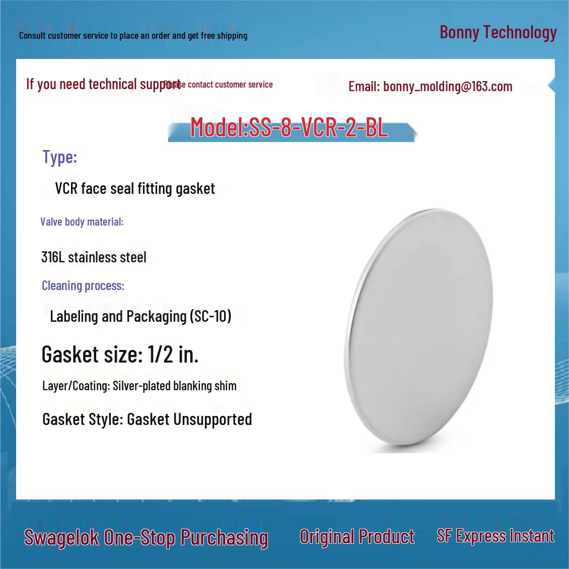 Swagelok 316L SS VCR Face Seal Fitting, Silver-Plated Gasket, SS-8-VCR-2-BL