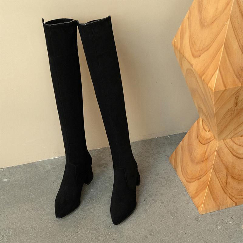 

Women s high-heeled boots autumn and winter classic versatile thick-heeled large-size knee elastic boots 35 чёрный