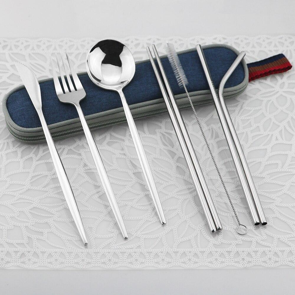8pc Portable Shiny Gold Travel Flatware Set With Portable Blue Bag Stainless Steel Dinnerware Set Spoon Fork Knife Cutlery Set With Chopsticks Straws