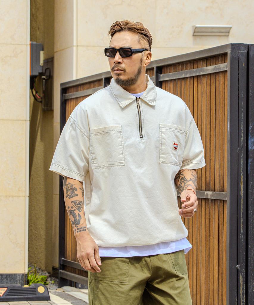 RUGGED HOUSE Washed Half-Zip Collared Short Sleeve Tee Ivory