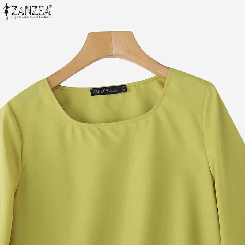 ZANZEA Women Casual Round Neck 3/4 Sleeve Loose Plain Blouse