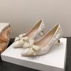 Banquet Single Shoes Autumn New Pointed Toe Shallow Mouth Knit Bow Pop Foot Non-Slip Fashion Stiletto Heels