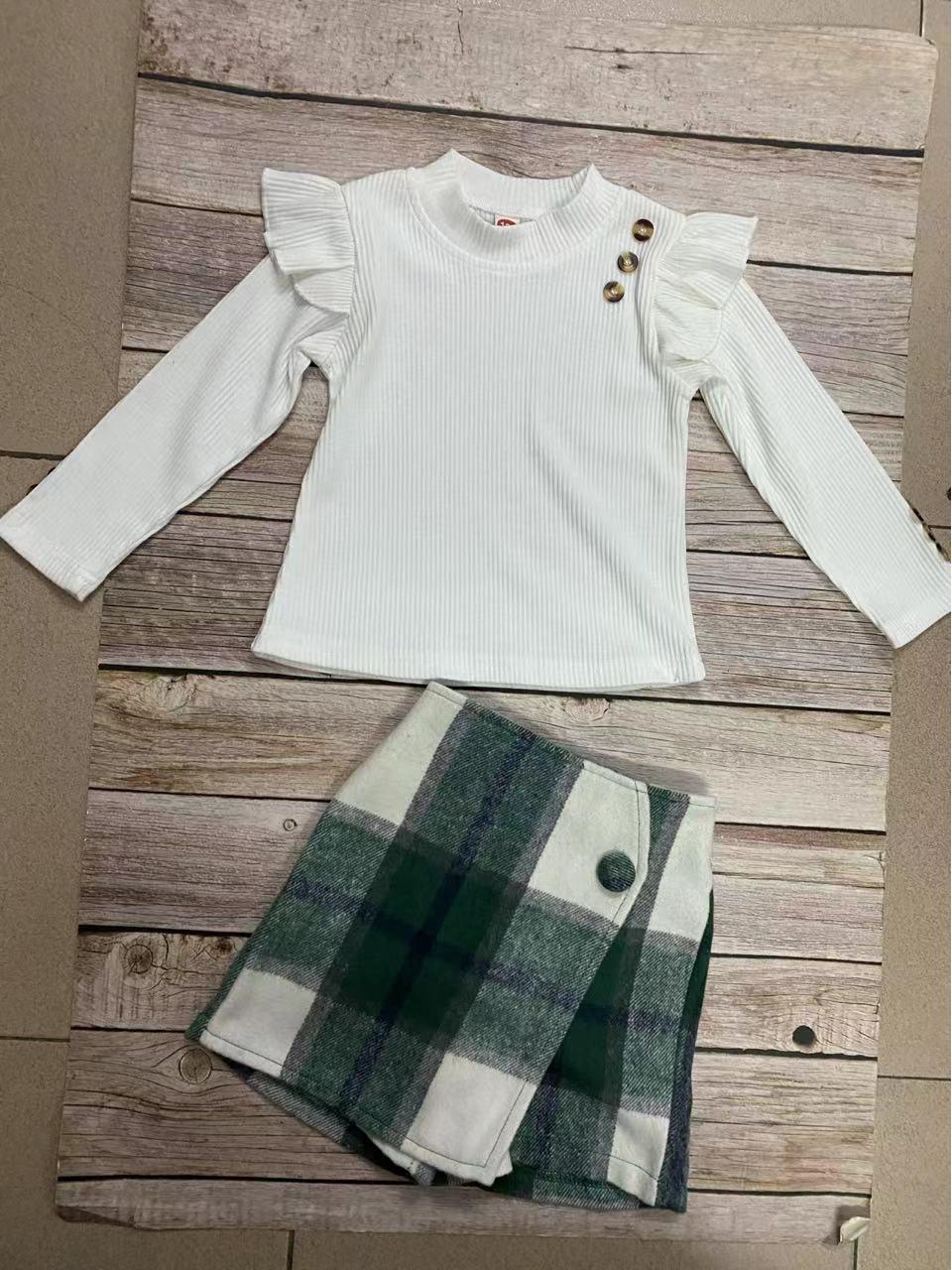 

Комплект для девочек в европейском и американском стиле: ребристый топ с рукавами-крылышками и юбка-брюки в клетку с неровным краем 130 cm