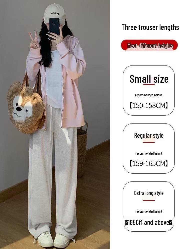 Women's Gray Lambswool Fleece-Lined Cuffed Sweatpants - Autumn/Winter Loose Fit, Two-Way Wide Straight Leg, Casual Cotton Comfort.