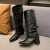 Fashion Pointed Toe Booties 2025 Fall New Block Heel Studded Metal Belt Buckle Non-Slip Wear-Resistant Block Heel Stack Boots