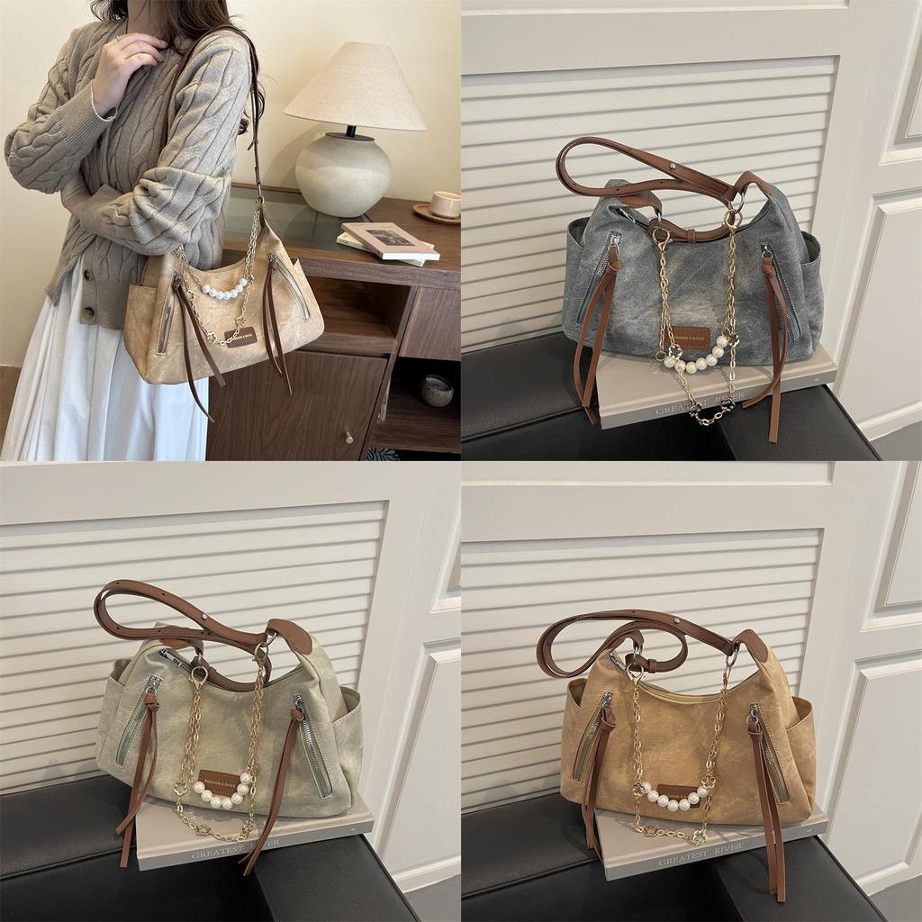 Street Style Tote Bag With Pearl Chain Large Capacity For Daily Use