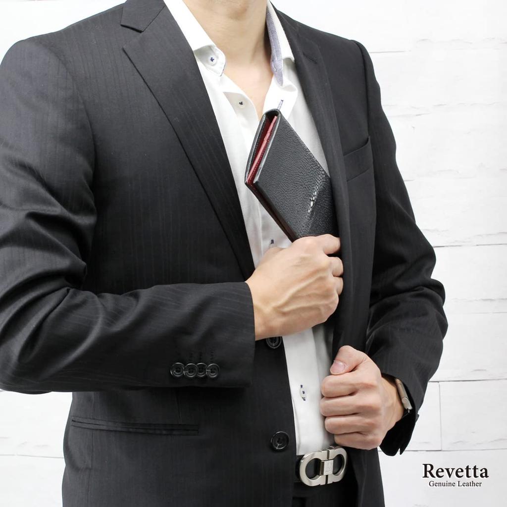 [Revetta] Stingray Leather Long Wallet, Slim Wallet, Wine Red Leather Interior, Galusha (Stingray) Leather, Black, Men's, with Coin Pocket, Genuine Le