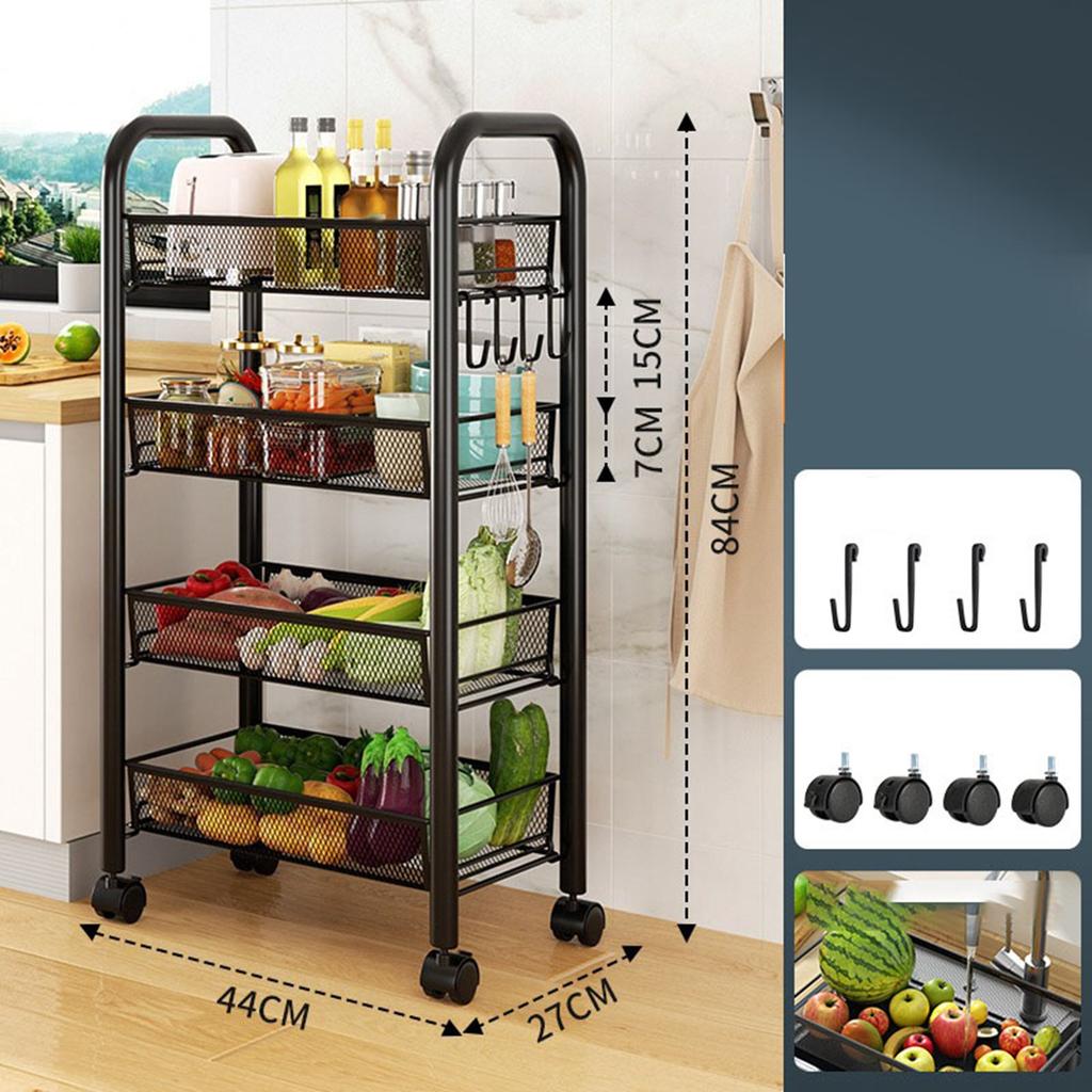 Rolling Storage Cart Layered Storage Shelves Multi Functional Movable Snack Vegetable Baskets Kitchen Shelves Black