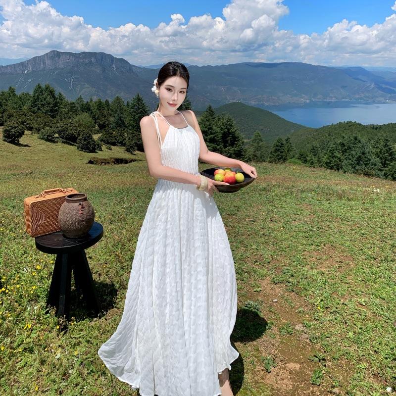 New French White Suspender Halter Ocean Wind Waist Neck Dress Seaside Vacation Temperament Fairy Dress