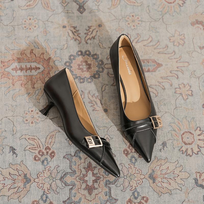 Retro small heel single shoes women's spring summer new belt buckle pointed head shallow mouth daily commuting high heels