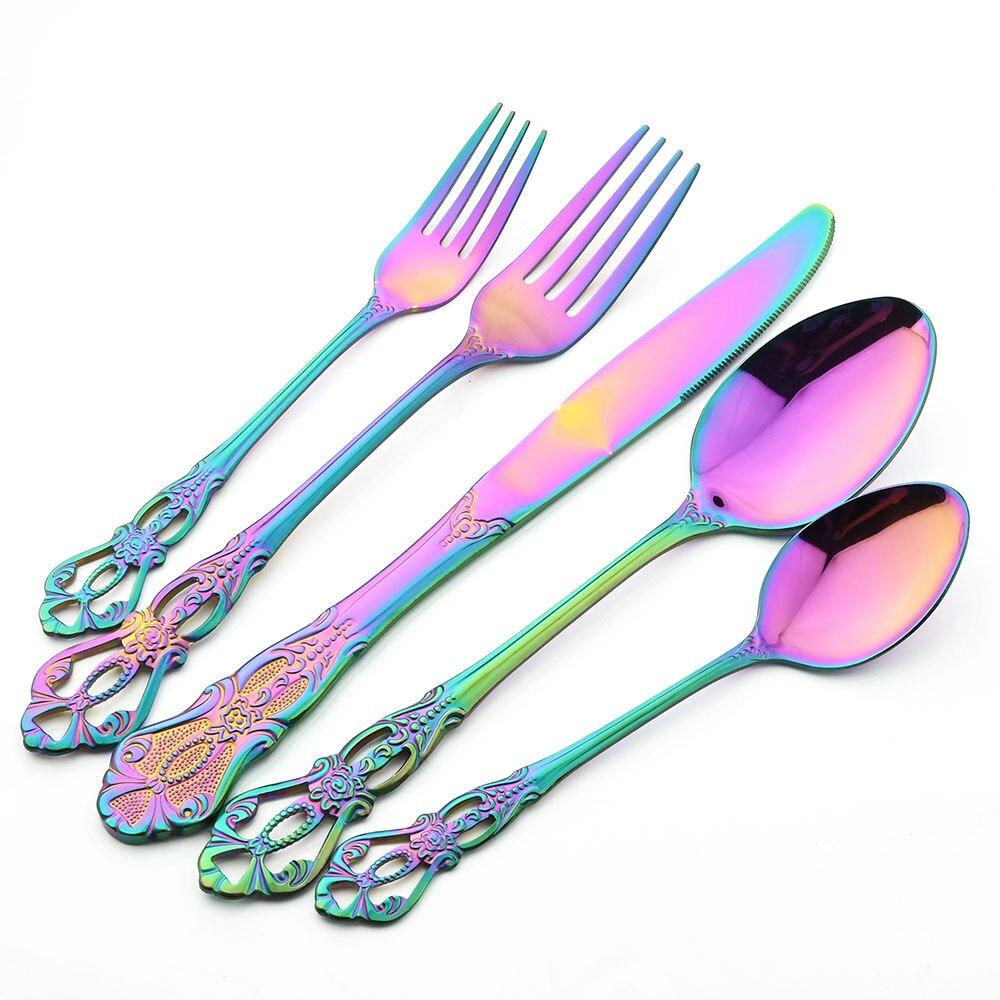 

5 шт. винтажные столовые приборы в стиле вестерн с гравировкой, обеденный нож, вилка, набор ложек, роскошная посуда, набор посуды для свадебной вечеринки разноцветный