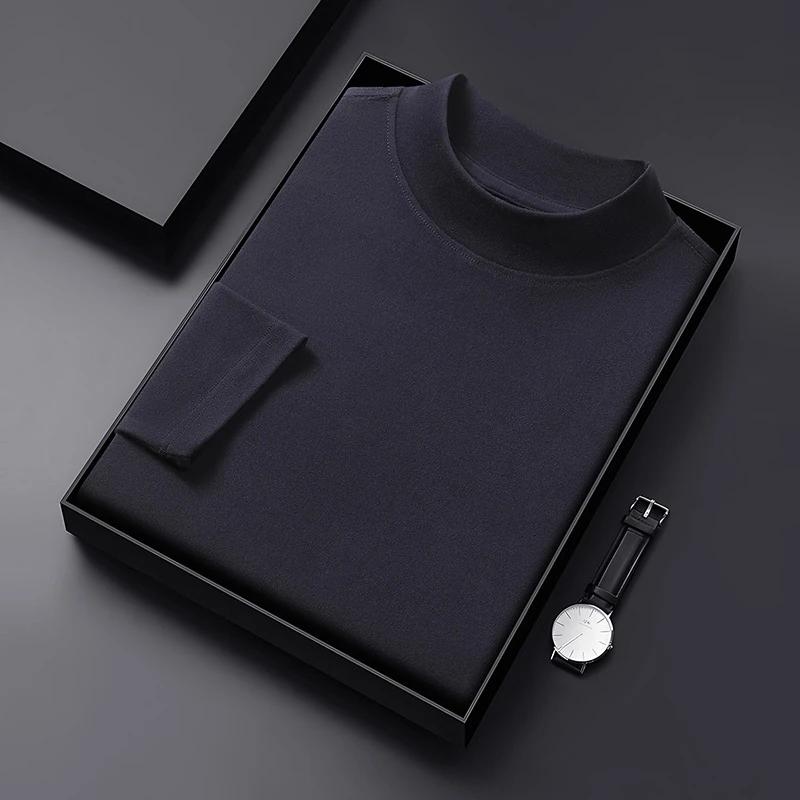 Men's Casual Solid Color High Collar Velvet Long Sleeve T-shirt Spring and Autumn Versatile Comfortable Top